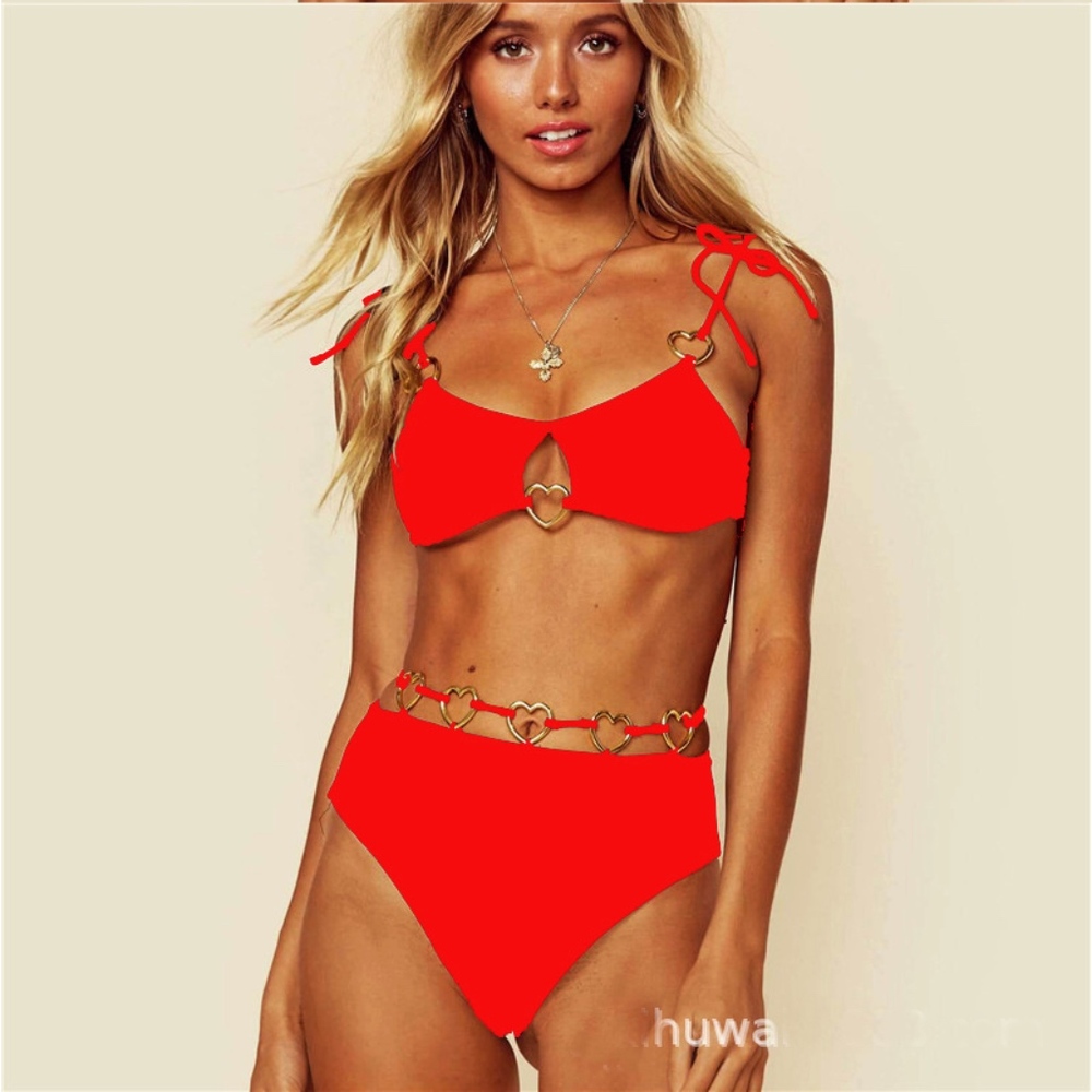 Red Padded Heart Strappy Bikini Swim Suit